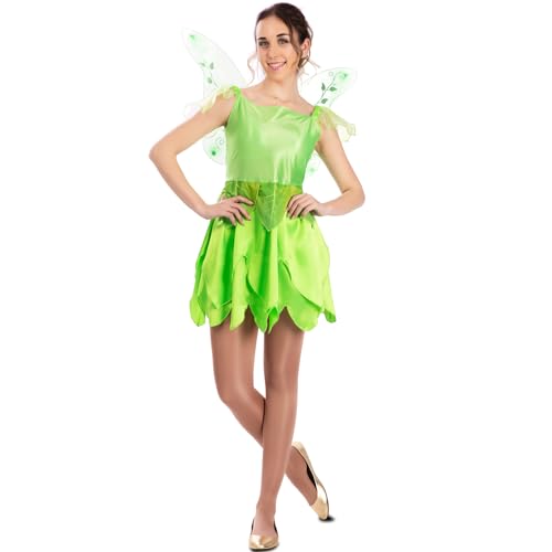 Tinkerbell Kostüm grüne Elfe mit Flügeln für Damen Gr. S-XL Kleid grün Fasching Karneval Märchen-Kostüm Fee (M/L) von Fyasa