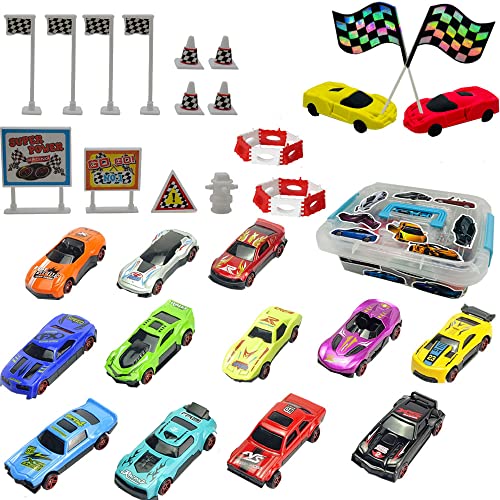 Fycooler 1:64 Die-Cast Spielzeug Fahrzeuge Geschenkset 12er Set,Mini Auto Die Cast Spielzeugautos Set with DIY Rennwagen Verkehrsschilder/Flags/Stickers/Storage Box Spielzeug Geschenkset für Kinder von Fycooler