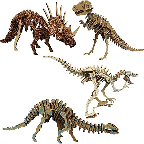 Fycooler Kinder 3D Holzpuzzle Dinosaurier Baukasten - Hölzerne 3D Puzzle Holzhandwerk Kinder Puzzle Spielzeug Dino Holzpuzzle Dinosaurier DIY Geschenk-Diplodocus/Tyrannosaurus/Triceratops etc. 4Sätze von Fycooler