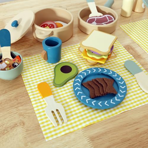 37 Pcs Kinderküche Zubehör Spielküche Zubehör Holz mit Topfset Und Kochgeschirr Praktische Fähigkeiten Trainieren Küchenzubehör Kinder Geschenk für 3 4 5 6 Jahre Alte Jungen Mädchen von Fyeme