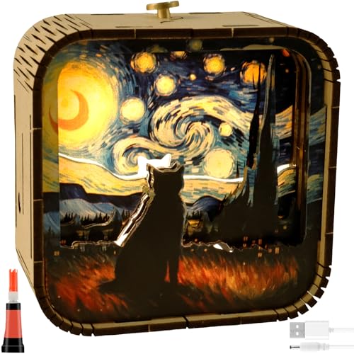 3D Puzzle Erwachsene Nachtlicht 9×9×4.5cm 3D Holzpuzzle Nachttischlampe USB Einstellbares Licht DIY 3D Puzzle Nachtlicht Geschenk für Liebhaber Familie Freunde (Cat) von Fyeme