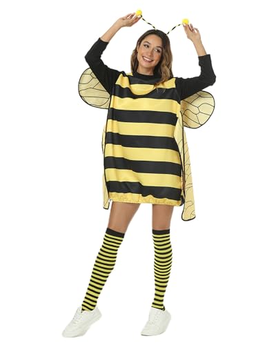 Bienen-Outfits für Damen und Kinder, gestreiftes Kleid mit Flügeln, Stirnband, Beinärmeln, Motto-Party, Rollenspiel-Anzug, Halloween, Faschingskostüm (Gelb, B, L) von Fylovery