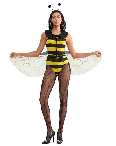 Bienen-Outfits für Damen und Kinder, gestreiftes Kleid mit Flügeln, Stirnband, Beinärmeln, Motto-Party, Rollenspiel-Anzug, Halloween, Faschingskostüm (Gelb, C, L) von Fylovery