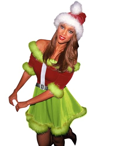 Fylovery Damen-Kostüm-Set, Weihnachtsmann-Kostüm, Samt, mit Kapuze, Cosplay-Set, Weihnachtskleid, Motto-Party, Bühnenshow-Kostüm mit Gürtel und Petticoat (Grün P, M) von Fylovery