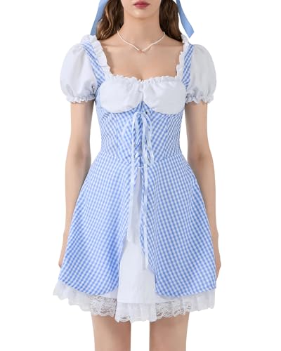 Fylovery Sweetie Milch Maid Cosplay-Kleid für Damen, kurze Puffärmel, plissiert, Spitzensaum, Herzausschnitt, Krawatte, kariert, Cosplay-Kleid (Himmelblau A, L) von Fylovery