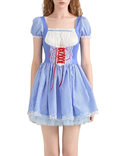 Fylovery Sweetie Milch Maid Cosplay-Kleid für Damen, kurze Puffärmel, plissiert, Spitzensaum, Kostüm, Herzausschnitt, Krawatte, Plaiddruck, Cosplay-Kleid (Blau B, L) von Fylovery