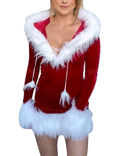 Fylovery Weihnachtsmann-Cosplay-Kostüm für Damen, langärmelig, V-Ausschnitt, Plüsch, Patchwork, Kapuzenkleid mit Gürtel, Rollenspiel, Party-Outfits (Rot, A, M) von Fylovery