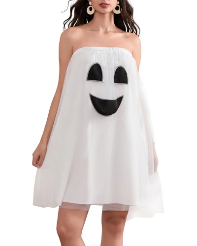 Halloween-Geister-Cosplay-Kostüm für Damen, niedliches Geistergesicht, schulterfrei, trägerlos, Minikleid, Party, Club, Verkleiden (Happy Face A, L) von Fylovery