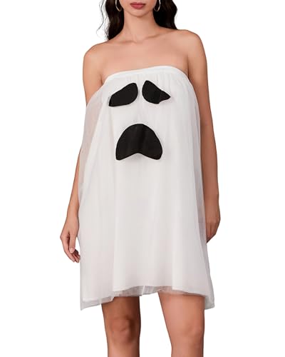 Halloween-Geister-Cosplay-Kostüm für Damen, niedliches Geistergesicht, schulterfrei, trägerlos, Minikleid, Party, Club, Verkleidungen (trauriges Gesicht A, L) von Fylovery