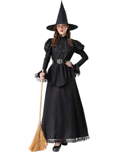 Halloween-Hexenkostüm-Set für Damen, kurze Netzärmel, Tüllkleid und Zaubererhut, Rollenspiel, Party, Cosplay, Outfits (Schwarz, D, S) von Fylovery