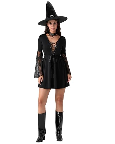 Halloween-Hexenkostüm-Set für Damen, kurze Netzärmel, Tüllkleid und Zaubererhut, Rollenspiel, Party, Cosplay, Outfits (Schwarz B, S) von Fylovery