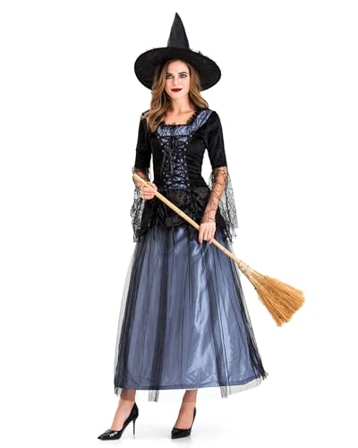 Halloween-Hexenkostüm-Set für Damen, kurze Netzärmel, Tüllkleid und Zaubererhut, Rollenspiel, Party, Cosplay, Outfits (Violett C, L) von Fylovery