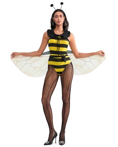 Halloween-Kostüm für Damen, Biene, Cosplay, Body, Rollenspiel-Party, gestreifter Druck, Verkleidung mit Stirnband, Flügeln, Spielanzug, Outfits (Gelb A, L) von Fylovery