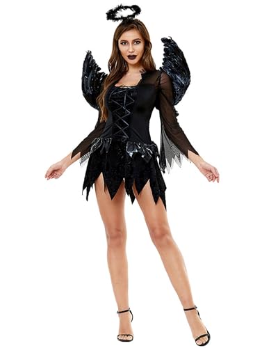 Halloween-Kostüm für Damen, Engel-Teufels-Cosplay-Kostüm, schwarzer Heiligenschein, Mini-Verkleidung mit Flügeln, Haarschlaufe, Rollenspiel-Outfit-Set (Schwarz, A, M) von Fylovery