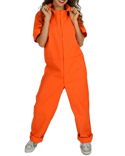 Halloween-Kostüm für Damen, Motiv: Häftlinge, Buchstabendruck, kurzärmelig, Gefängnis-Overall, für Erwachsene, Rollenspiel, lustige Cosplay-Outfits (Orange A, L) von Fylovery