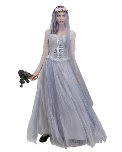 Halloween-Kostüm für Damen, Totbraut-Kostüm, gruseliger Geist, Leiche, Vampirbraut, Cosplay-Kleid mit Schleier, Blumen-Stirnband, Rollenspiel-Outfits (Grau A, L) von Fylovery