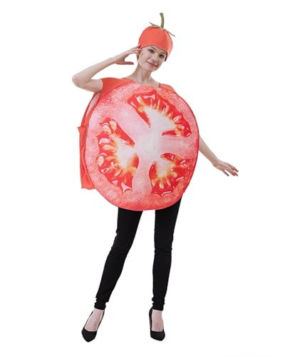 Halloween-Kostüm für Erwachsene, lustiges Gemüse, Obst, Cosplay, Karneval, Maskerade, Requisite, Neuheit, Strampler-Outfits mit Hut (Rot A, Einheitsgröße) von Fylovery