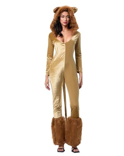 Halloween-Löwen-Kostüm für Damen, lange Ärmel, Plüsch-Kapuzenanzug, Tier-Cosplay-Strampler, Party, Verkleidung mit Schwanz (Golden A, L) von Fylovery