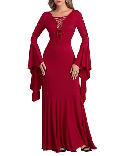 Hexenkostüm für Damen, klassisch, Gothic, langärmelig, mit Kapuze, langes Kleid, Mitternachts-Vampirin, Cosplay, Verkleidung (Rot, B, M) von Fylovery