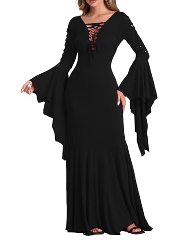 Hexenkostüm für Damen, klassisch, Gothic, langärmelig, mit Kapuze, langes Kleid, Mitternachts-Vampirin, Cosplay, Verkleidung (Schwarz, B, L) von Fylovery