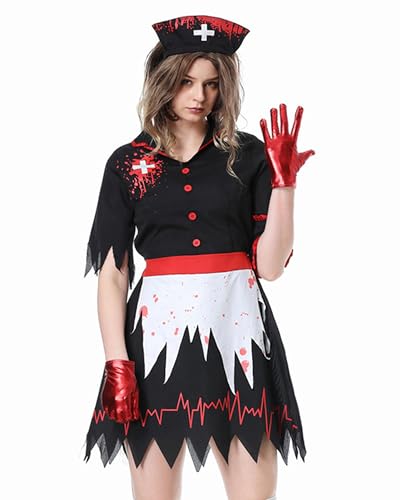 Zombie-Krankenschwester-Kostüm für Damen, Rollenspiel, Party, kurzes Kleid mit Hut, Handschuhen, blutiger Horror, Vampir, Cosplay-Outfit-Set (Schwarz, A, XL) von Fylovery