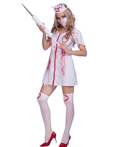 Zombie-Krankenschwester-Kostüm für Damen, Rollenspiel, Party, kurzes Kleid mit Hut, Handschuhen, blutiger Horror, Vampir, Cosplay-Outfit-Set (Weiß, B, Einheitsgröße) von Fylovery