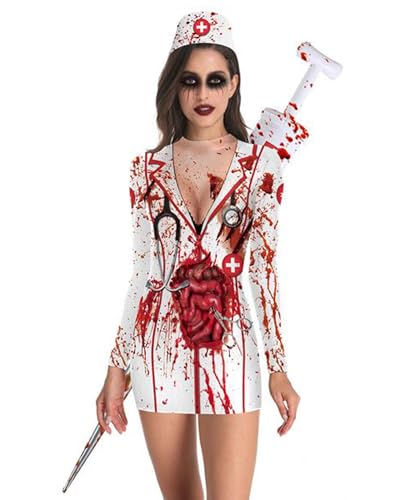 Zombie-Krankenschwester-Kostüm für Damen, Rollenspiel, Party, kurzes Kleid mit Hut, Handschuhen, blutiger Horror, Vampir, Cosplay-Outfit-Set (Weiß C, L) von Fylovery