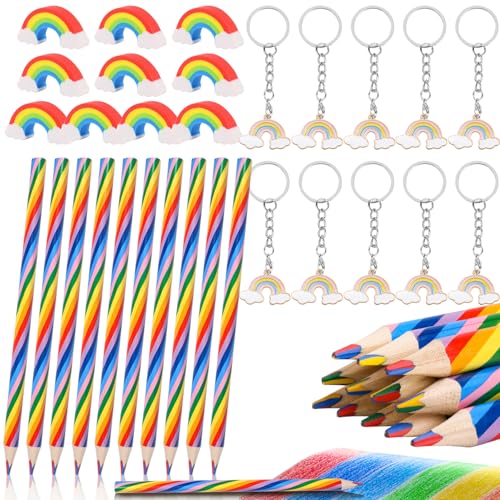 Fzyisw 36 Stück Regenbogenstift Set 12 Regenbogenstifte Kinder + 12 Regenbogen Radiergummis + 12 Regenbogen Schlüsselanhänger, Regenbogen Buntstifte Farbstifte für Kinder, Schulabschluss Geschenk von Fzyisw