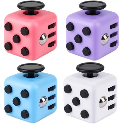 Fzyisw 4 Stück Fidget Toys Cube, Anti Stress Würfel, Anti Stress Cube mit 6 Seiten Funktion, Autismus Spielzeug für Kinder und Erwachsene Stressaubbau bei Nervösität (Weiß, Rosa, Lila, Blau) von Fzyisw