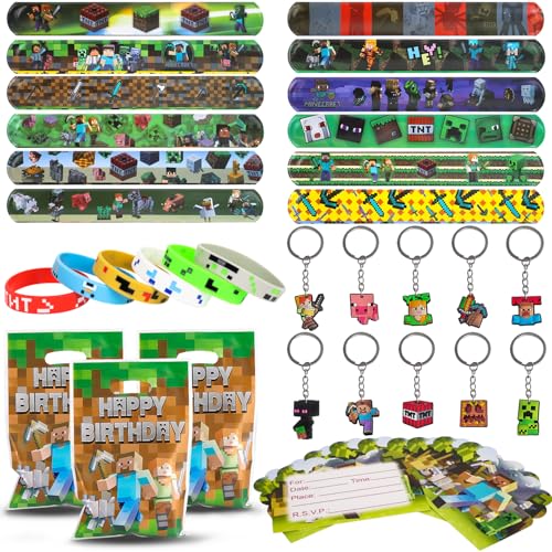 Fzyisw 48 Stück Miner Videospiel Party Mitgebsel, Pixel Party Mitgebsel mit Spiel Schlüsselanhänger, Spiel Armband, Spiel Silikonarmbändern, Spiel Einladungskarten und Spiel Partytüten für Kinder von Fzyisw