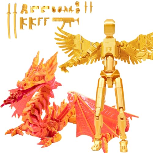 Fzysjve T13 Actionfigur, Titan 13 Actionfigur mit Drache, 3D Gedruckter Roboter mit mehreren Gelenken, beweglich, Dummy 13 Actionfigur, Schreibtischdekoration for Spieleliebhaber(Gold,Fire Dragon) von Fzysjve