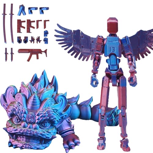 Fzysjve T13-Actionfiguren-Set mit Drachen-Reittier, Titan 13-Actionfigur, 3D-Gedruckter beweglicher Roboter mit mehreren Gelenken, Lucky 13-Actionfigur, Dummy 13-Actionfigur(Blue,Lion) von Fzysjve