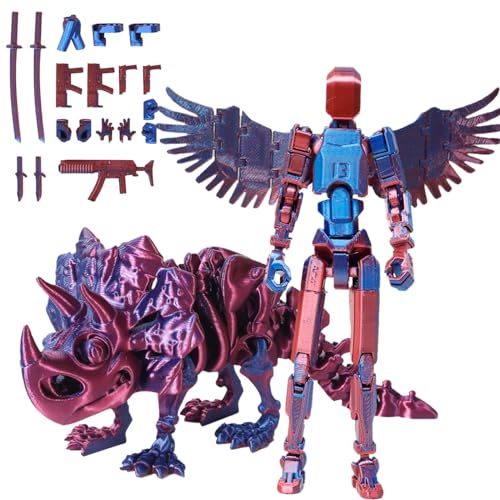 Fzysjve T13-Actionfiguren-Set mit Drachen-Reittier, Titan 13-Actionfigur, 3D-Gedruckter beweglicher Roboter mit mehreren Gelenken, Lucky 13-Actionfigur, Dummy 13-Actionfigur(Blue,Triceratops) von Fzysjve