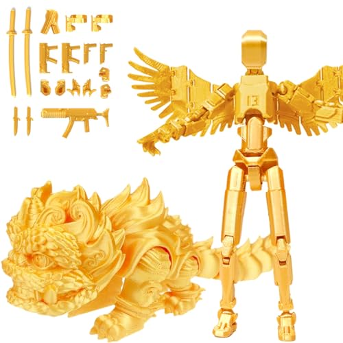 Fzysjve T13-Actionfiguren-Set mit Drachen-Reittier, Titan 13-Actionfigur, 3D-Gedruckter beweglicher Roboter mit mehreren Gelenken, Lucky 13-Actionfigur, Dummy 13-Actionfigur(Gold,Lion) von Fzysjve