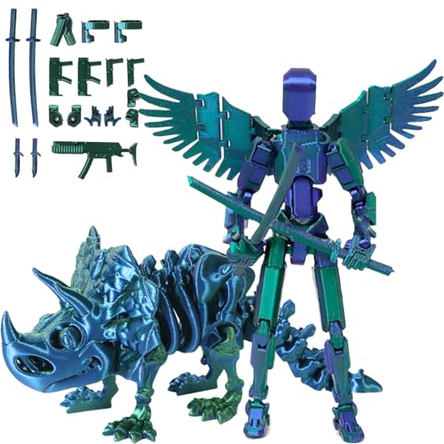 Fzysjve T13-Actionfiguren-Set mit Drachen-Reittier, Titan 13-Actionfigur, 3D-Gedruckter beweglicher Roboter mit mehreren Gelenken, Lucky 13-Actionfigur, Dummy 13-Actionfigur(Grün,Triceratops) von Fzysjve