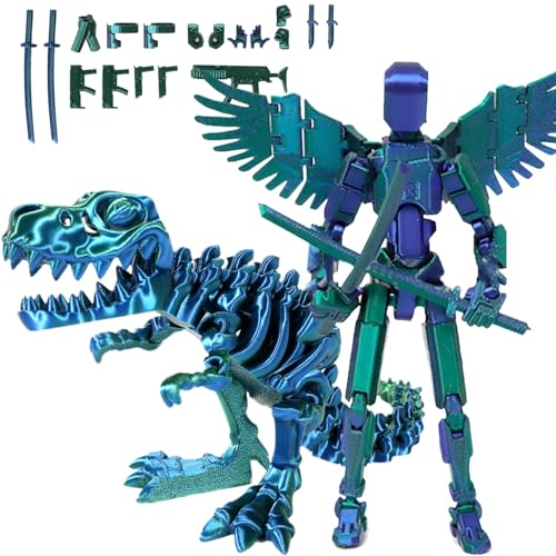 Fzysjve T13-Actionfiguren-Set mit Drachen-Reittier, Titan 13-Actionfigur, 3D-Gedruckter beweglicher Roboter mit mehreren Gelenken, Lucky 13-Actionfigur, Dummy 13-Actionfigur(Grün,Tyrannosaurus) von Fzysjve