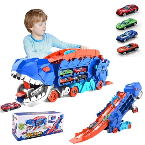 Fzysjve Transport-Dinosaurier-Truck mit faltbarem Schieber, verwandeltes Dinosaurier-Truck-Spielzeug, Dinosaurier-Transport-Truck-Spielset mit 8-teiligen Rennwagen aus Legierung, (Blue-A) von Fzysjve