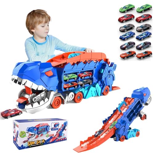 Fzysjve Transport-Dinosaurier-Truck mit faltbarem Schieber, verwandeltes Dinosaurier-Truck-Spielzeug, Dinosaurier-Transport-Truck-Spielset mit 8-teiligen Rennwagen aus Legierung, (Blue-C) von Fzysjve