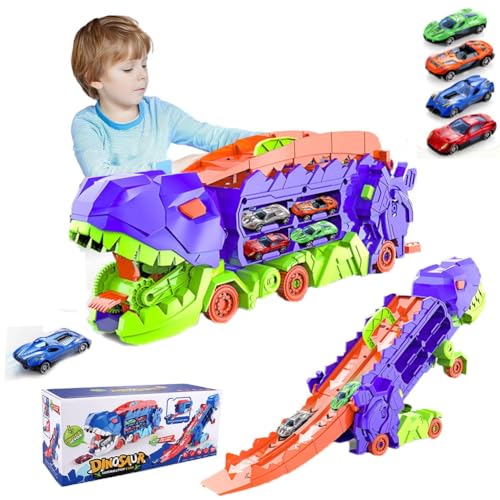 Fzysjve Transport-Dinosaurier-Truck mit faltbarem Schieber, verwandeltes Dinosaurier-Truck-Spielzeug, Dinosaurier-Transport-Truck-Spielset mit 8-teiligen Rennwagen aus Legierung, (Purple-A) von Fzysjve