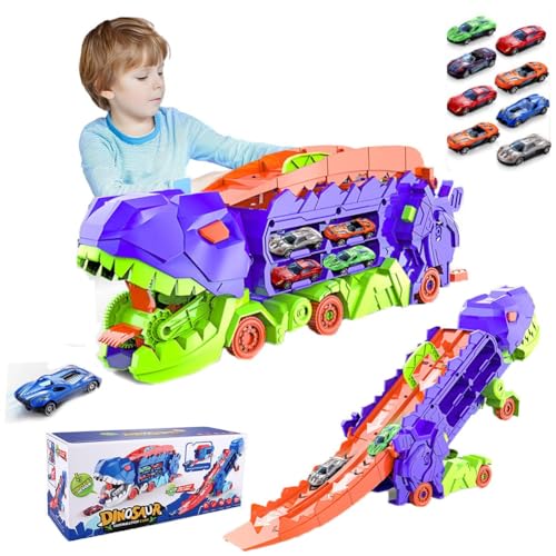 Fzysjve Transport-Dinosaurier-Truck mit faltbarem Schieber, verwandeltes Dinosaurier-Truck-Spielzeug, Dinosaurier-Transport-Truck-Spielset mit 8-teiligen Rennwagen aus Legierung, (Purple-B) von Fzysjve