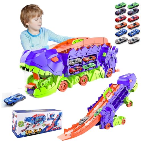 Fzysjve Transport-Dinosaurier-Truck mit faltbarem Schieber, verwandeltes Dinosaurier-Truck-Spielzeug, Dinosaurier-Transport-Truck-Spielset mit 8-teiligen Rennwagen aus Legierung, (Purple-C) von Fzysjve