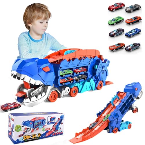 Fzysjve Transport-Dinosaurier-Truck mit faltbarem Schieber, verwandeltes Dinosaurier-Truck-Spielzeug, Dinosaurier-Transport-Truck-Spielset mit 8-teiligen Rennwagen aus Legierung von Fzysjve