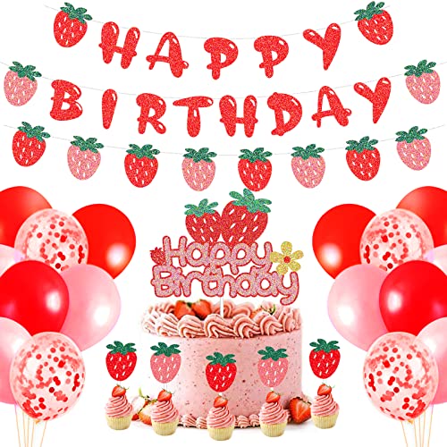 Erdbeer Geburtstags Party Dekorationen Mädchen Obstthemen Happy Geburtstag Deko Banner Rosa Rote Luftballons Erdbeer Cake Topper Cupcake Aufsatz für Damen Frauen1 und 2 Geburtstag Dekoration von G-LOVELY'S