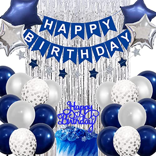 G-LOVELY'S Navy Sliver Birthday Decorations Set with Happy Birthday Balloon Letters Banner, Confetti Balloons, Fringe Curtain Men Women Boys Girls Navy Blue Silver Birthday Party Supplies von G-LOVELY'S