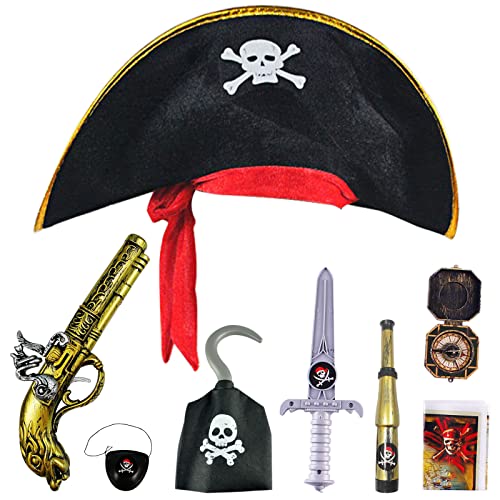 Piraten Zubehör Set 8 Stück Kinder Piraten Thema Pretend Party Spielzeug Kinder Party Cosplay Piratenkostüm Zubehör mit Piratenhut Schwert Pistole Augenklappe Teleskop Kompass Piratenhaken Karte von G-LOVELY'S