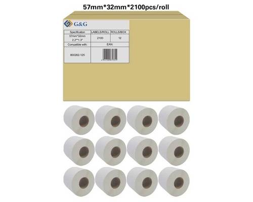 G&G Etiketten Rolle 57 x 32mm Papier Weiß 12 Rollen Permanent haftend RL-P-S2011-57*32*2100-BK/WT U von G&G