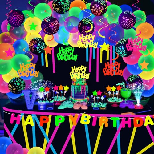 97 Stück Schwarzlicht Deko Neon Party Deko Geburtstag Luftballon Arch Kit mit Leuchtende Hängende Girlande Happy Birthday Banner Cake Topper Fluoreszierendes Klebeband Neon Geburtstagsdeko von G.C