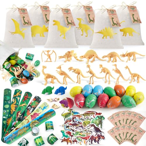 G.C 110 pcs Dinosaurier Party Mitgebsel Kindergeburtstag Gastgeschenke Tüten Dankeskarten Dino Eier Skelettmodelle Armbänder Aufkleber Sticker Dino Mitbringsel Geburtstag Give Aways Junge Mädchen von G.C