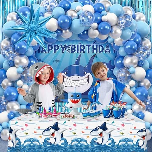 G.C Unterwasserwelt Geburtstagsdeko Party Deko, 147 Pcs Meerestiere Blau Luftballon Girlande Hai Folien Ballons Hintergrund Tischdecke Kuchen Topper Ozean Kindergeburtstag Deko für Kinder Jungen von G.C