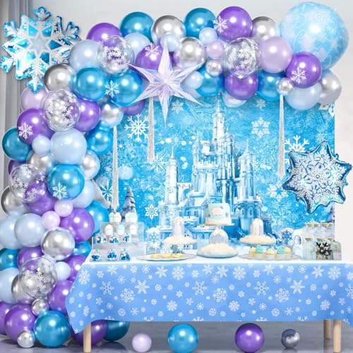 G.C 153 Stück Frozen Geburtstagsdeko Mädchen Lila Blau Ballon Luftballon Girlande Kit Schneeflocke Folien Ballons Tischdecke Hintergrund Elsa Prinzessin Eiskönigin Geburtstagsparty Deko von G.C